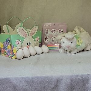 HALLMARK EASTER BASKET TALKING BUNNY, CERAMIC EGGS, DECORATING KIT